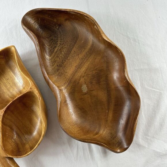 2 Vtg House Of Monkey Pod Wood Dishes Divided Leaf Bowl & Abstract Bowl Hawaii - Picture 3 of 15